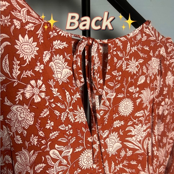 Boho Floral Midi Dress Rust Red White Print Bishop Sleeves Tie Back Small - Picture 5 of 8